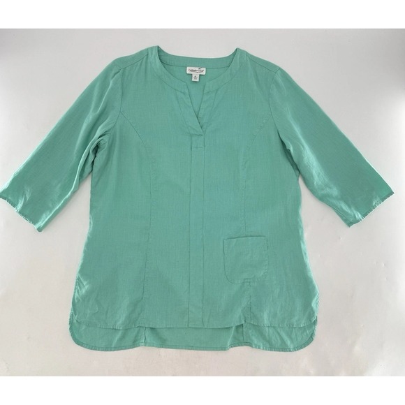 Coldwater Creek Aqua Turquoise Grew. 100% Linen 3/4 Slv Blouse Petite L Boho - Picture 3 of 10